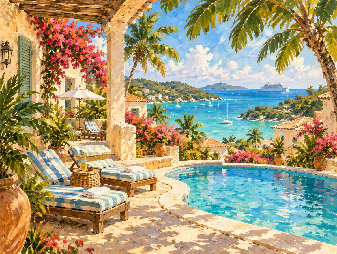 Painted resort terrace above a calm bay with a pool, loungers and palms