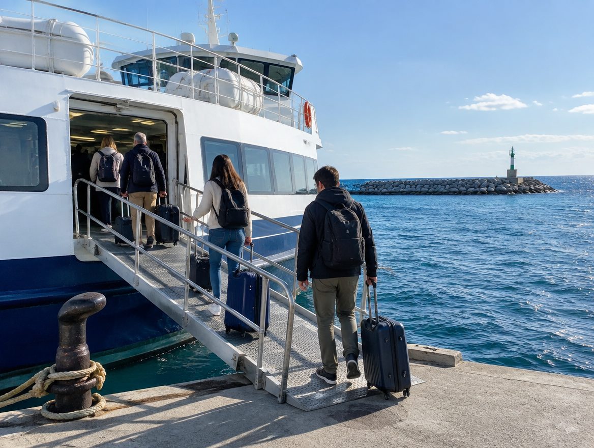 Passengers with suitcases boarding a ferry at an open-water dock