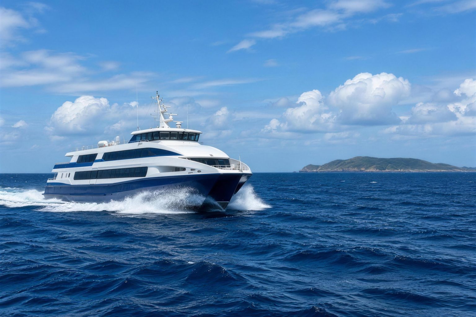 Fast passenger ferry crossing deep blue open water under a wide sky