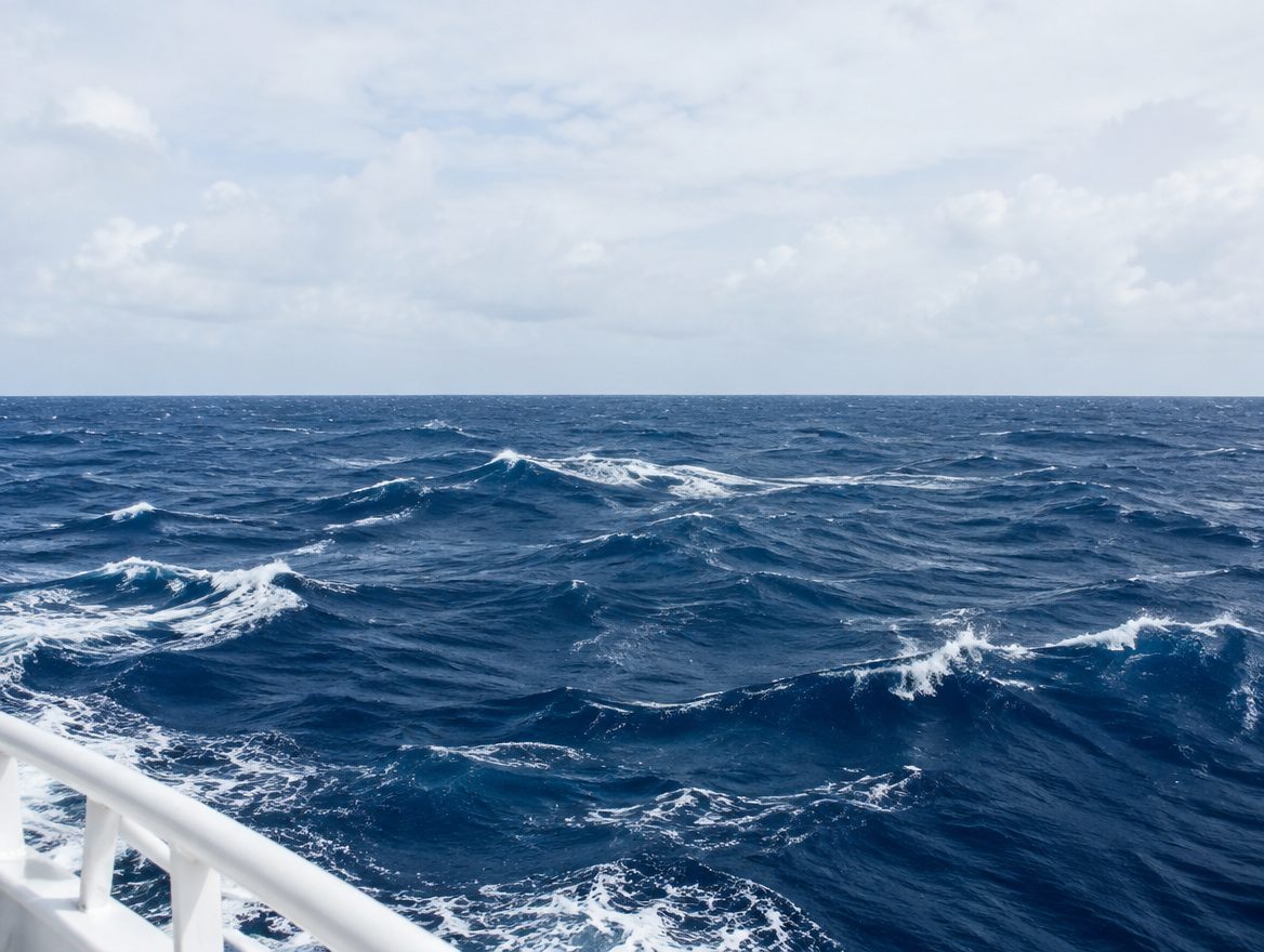 Choppy deep blue open water with whitecaps seen from a moving boat