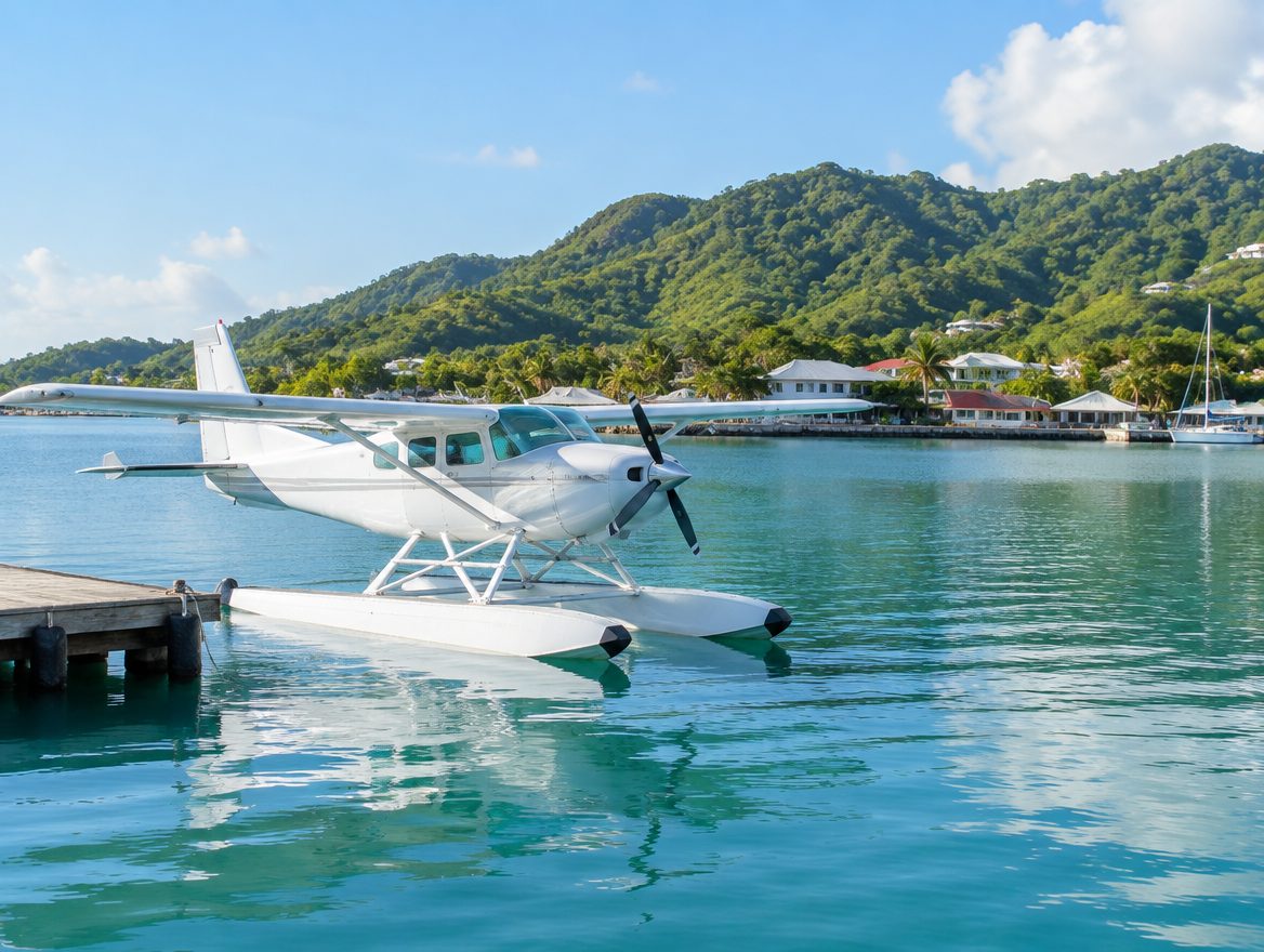 Small seaplane on floats resting on calm harbor water beside a town waterfront