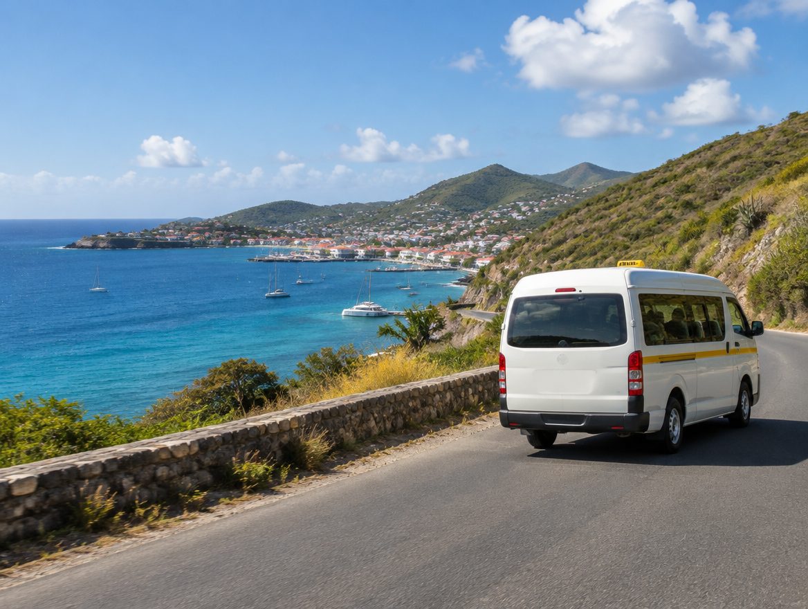 Taxi van on a coastal road above the sea on a Caribbean island