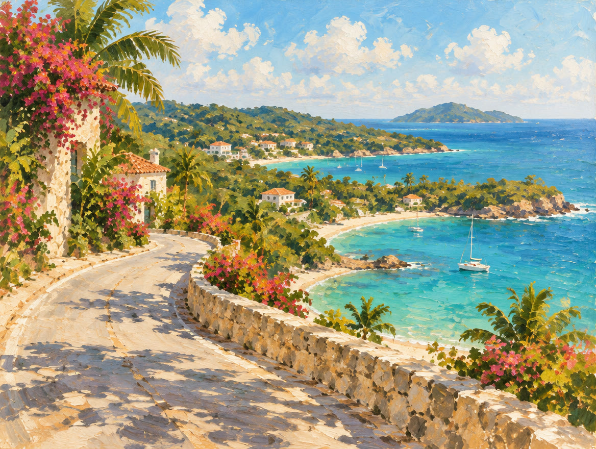 Painted north-shore road curving above a string of small bays and beaches