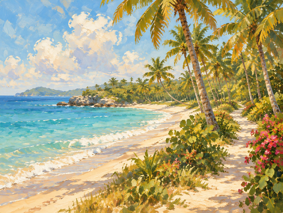 Painted long beach with tall palms and a sandy path into the trees
