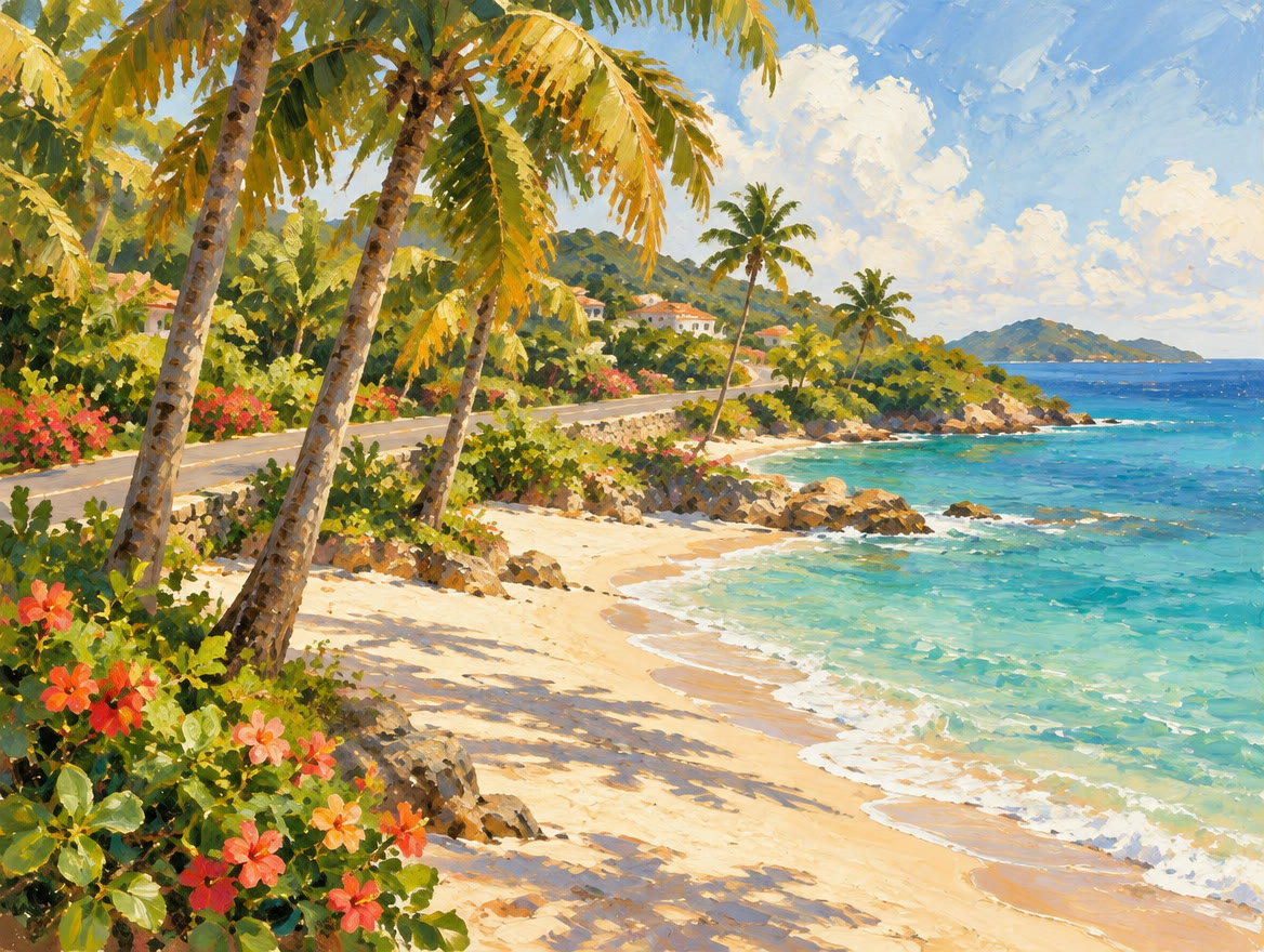 Painted small beach with palms at the sand and a road passing behind