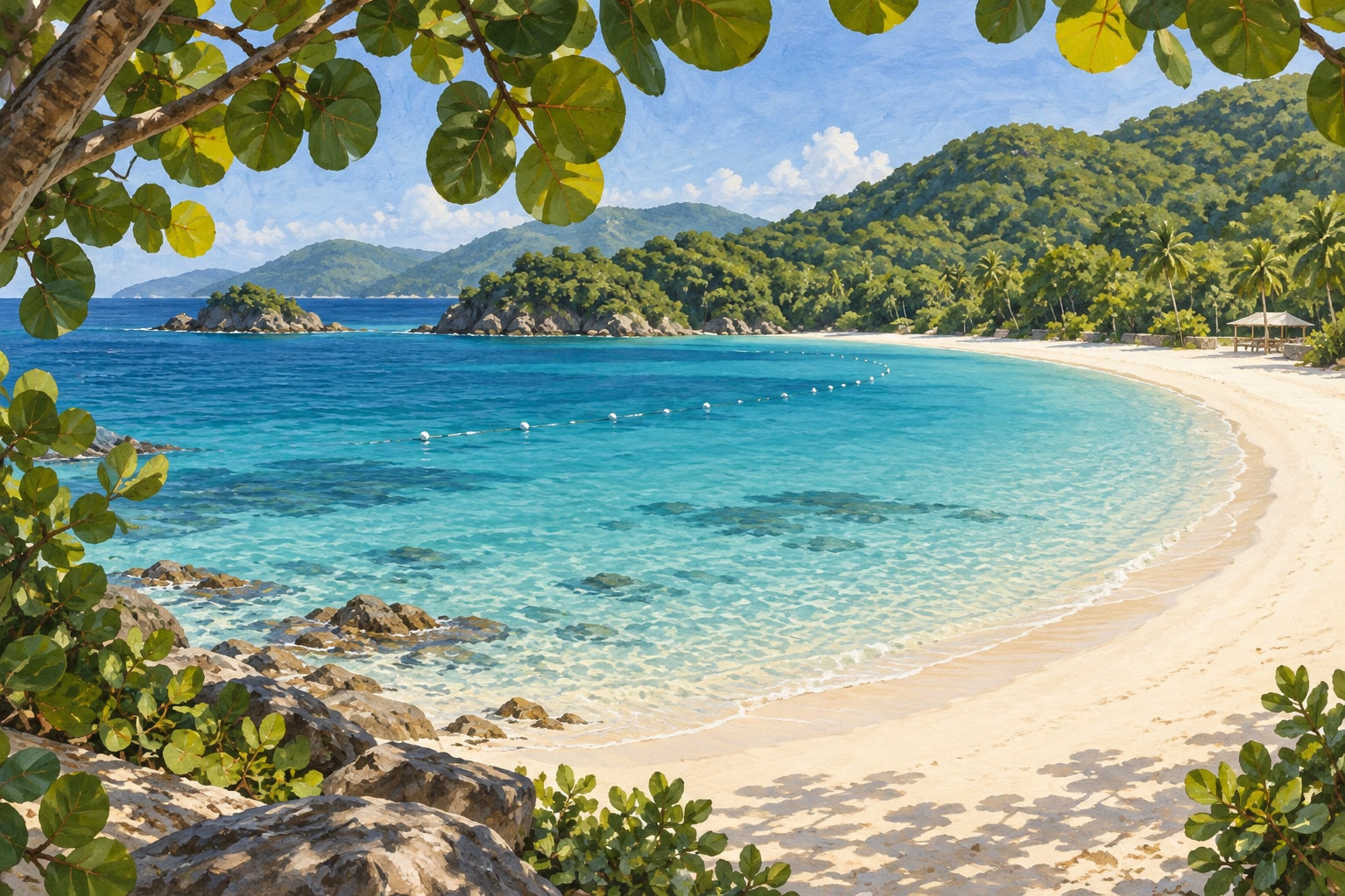 Painted protected island beach beneath sea-grape leaves