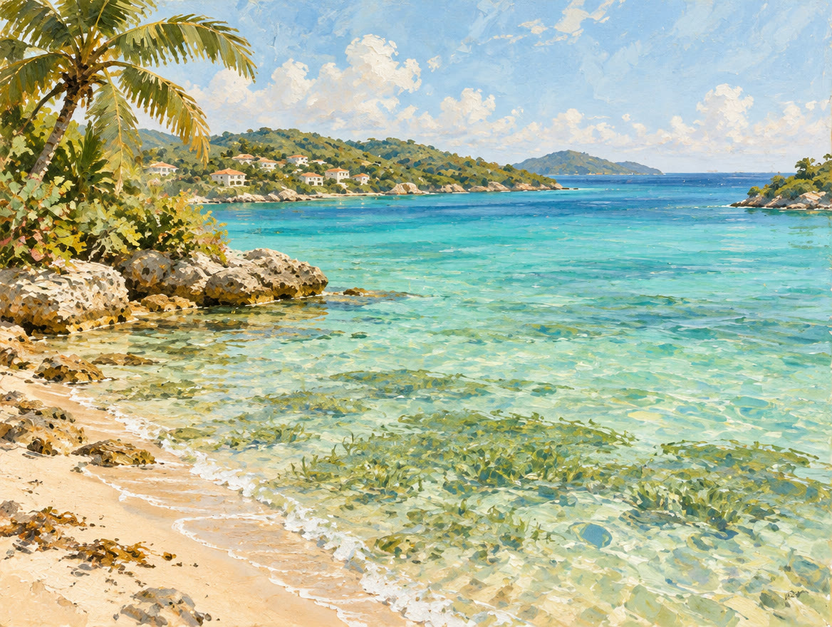 Painted shallow clear water over pale seagrass beds near a sandy shore
