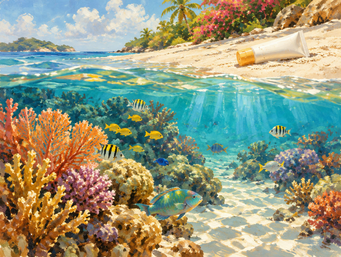 Painted coral garden with fish and a plain unlabelled sunscreen tube on sand
