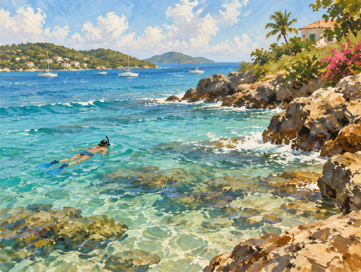 Painted snorkeler near a rocky point with light swell over a shallow reef