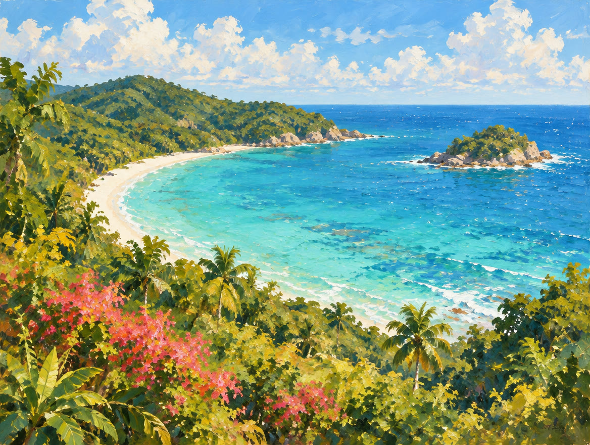 Painted curved bay with a small rocky island offshore seen from an overlook