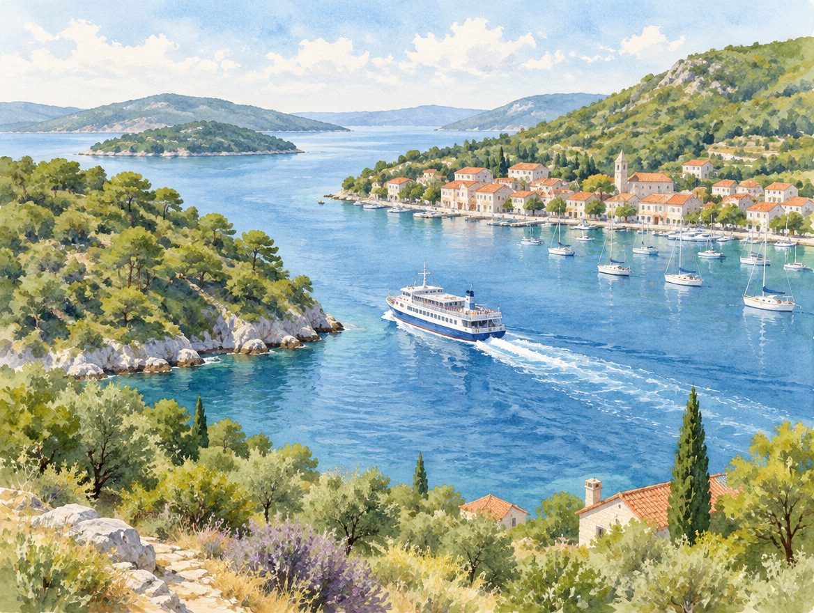 Painted passenger ferry crossing a narrow channel between two green islands toward a harbour town