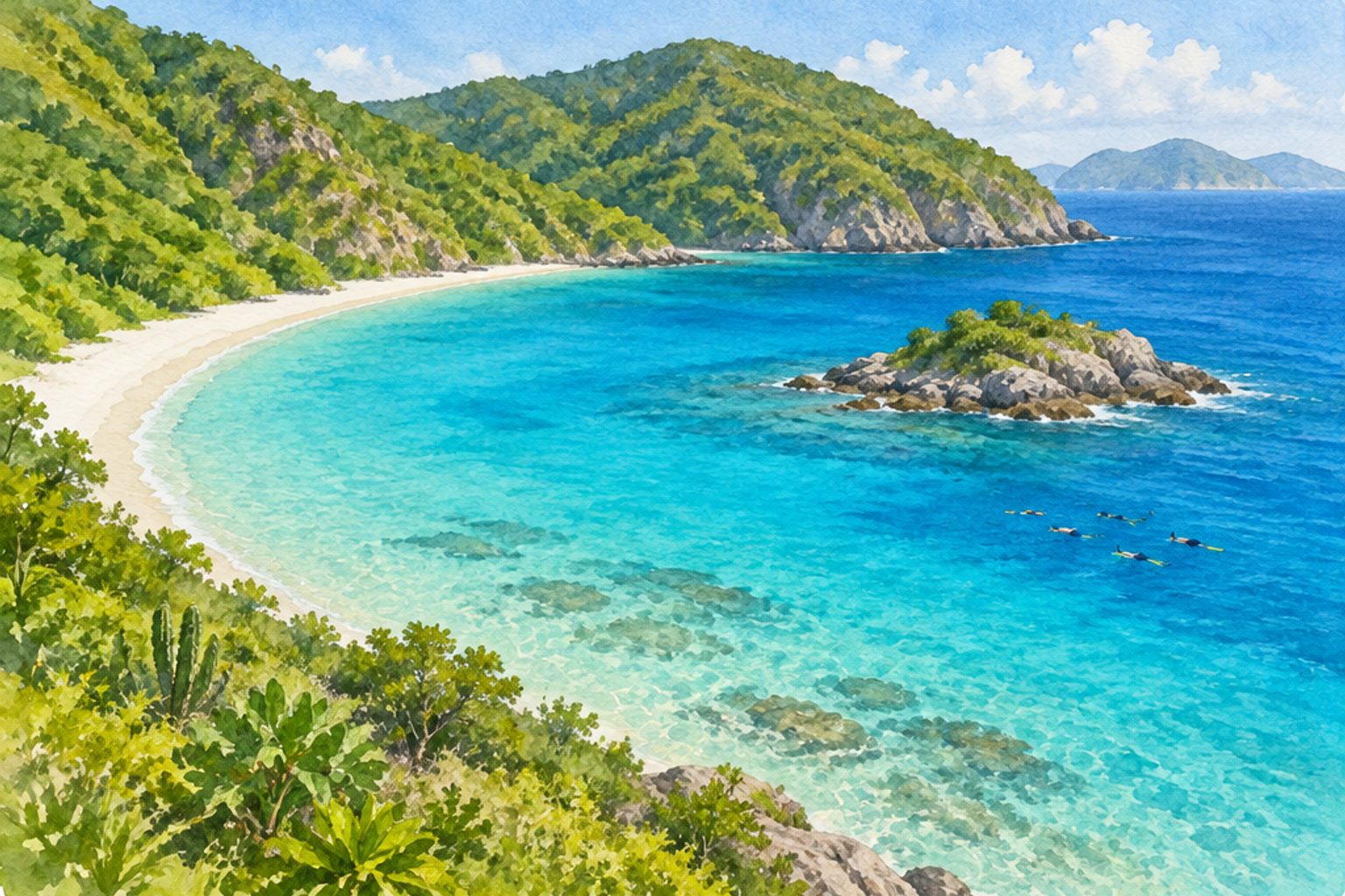 Painted wide white-sand bay backed by steep national-park hills, with a small rocky cay offshore