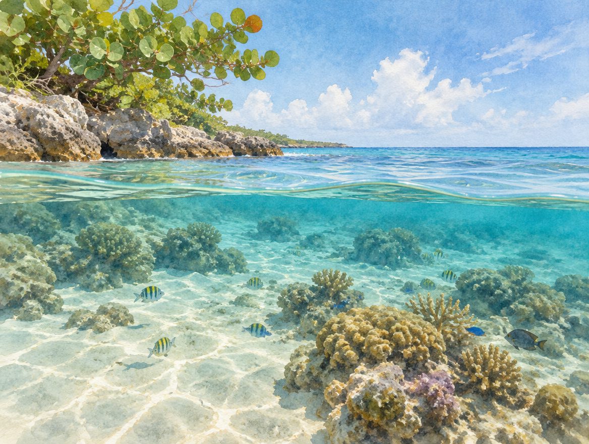 Painted shore snorkelling entry where pale sand shelves into clear water over scattered coral heads