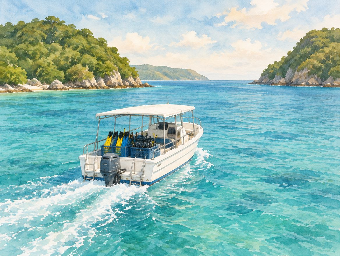 Painted small snorkelling tour boat under way in open turquoise water between two green islands