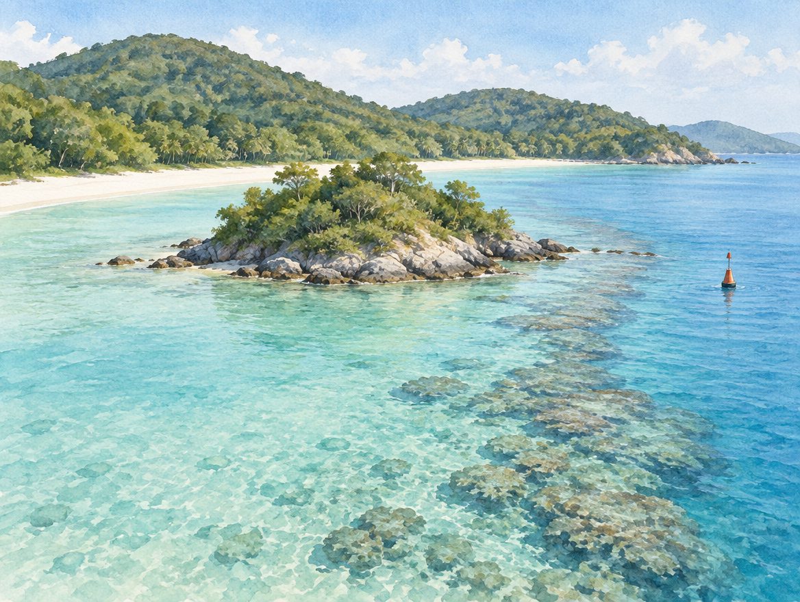 Painted small rocky cay offshore from a white sand beach, with shallow reef running along one side