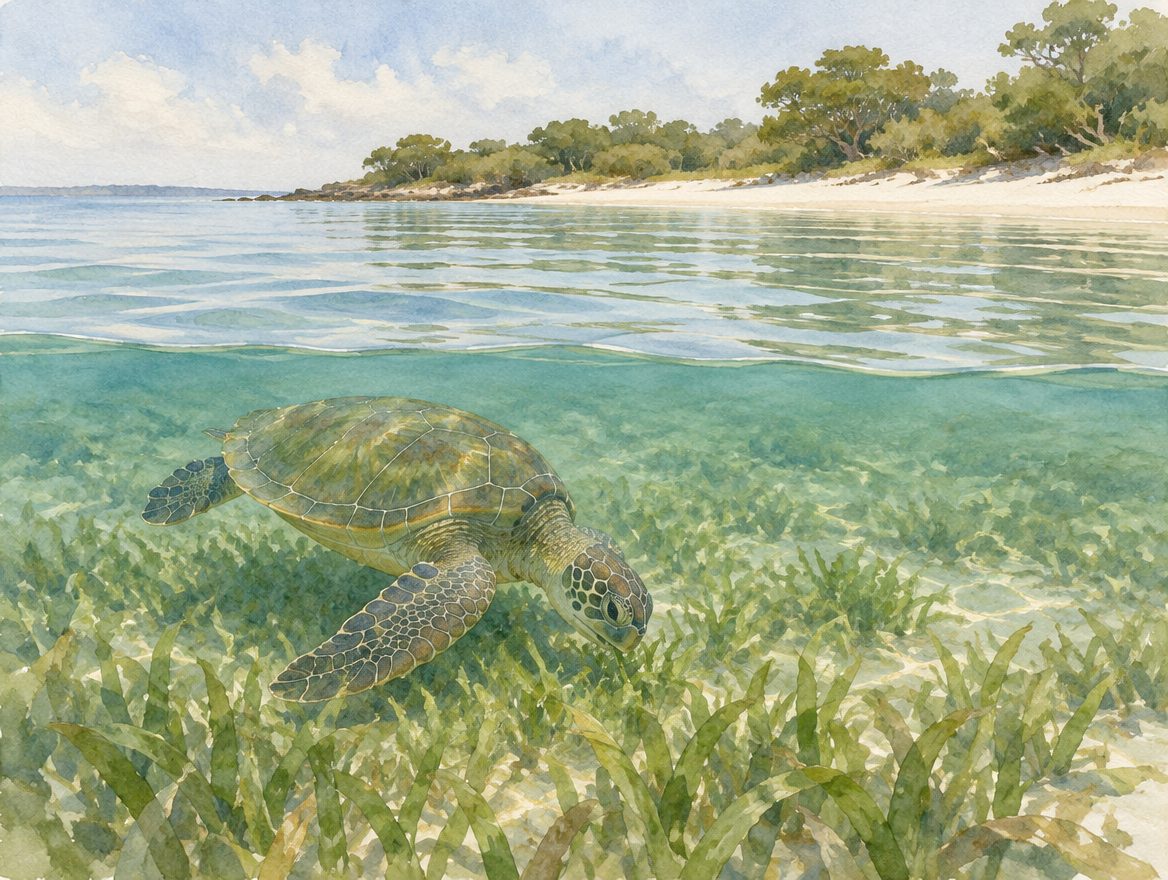 Painted shallow seagrass bay with a green sea turtle grazing below the calm surface