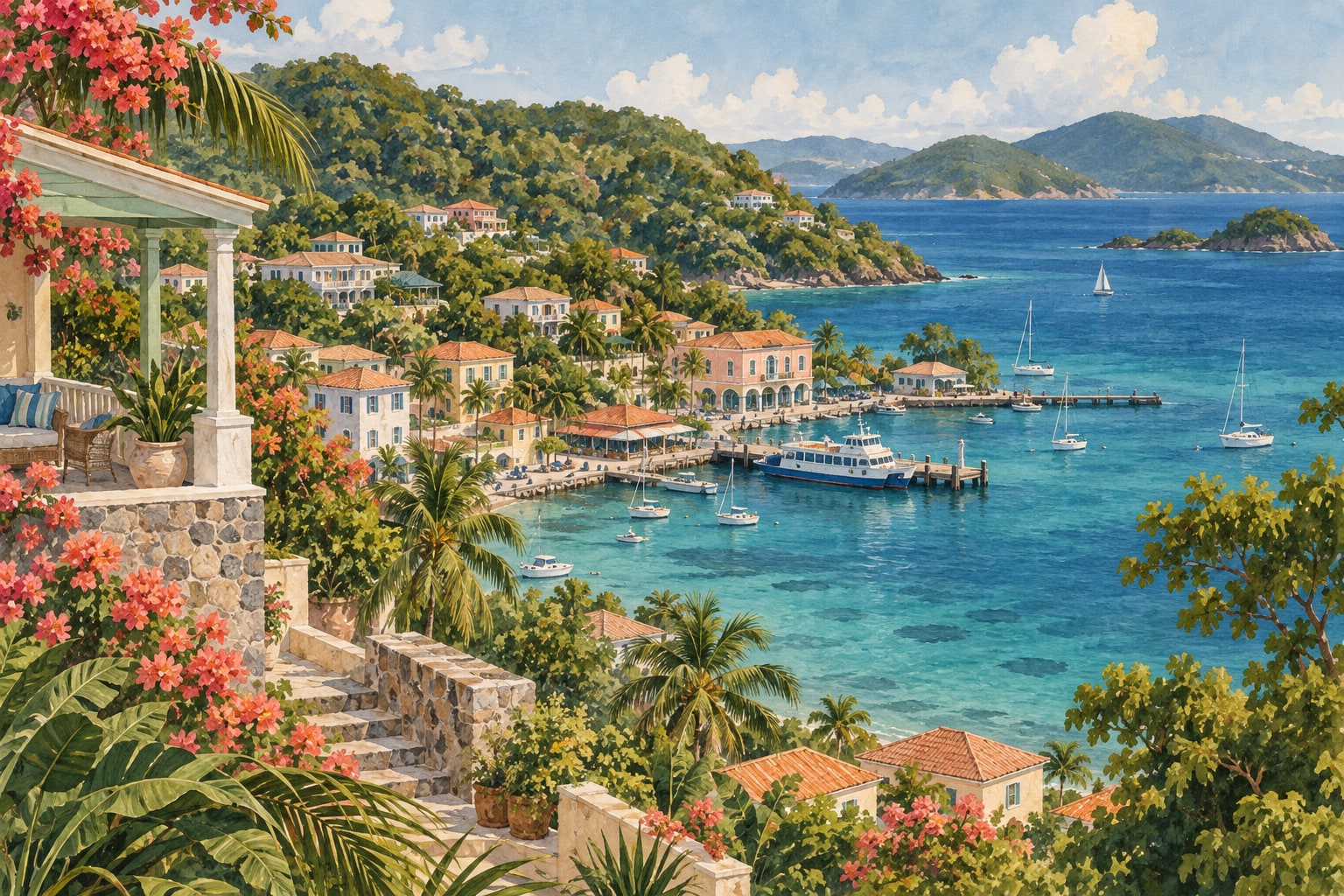 Painted hillside village and ferry harbor overlooking turquoise water