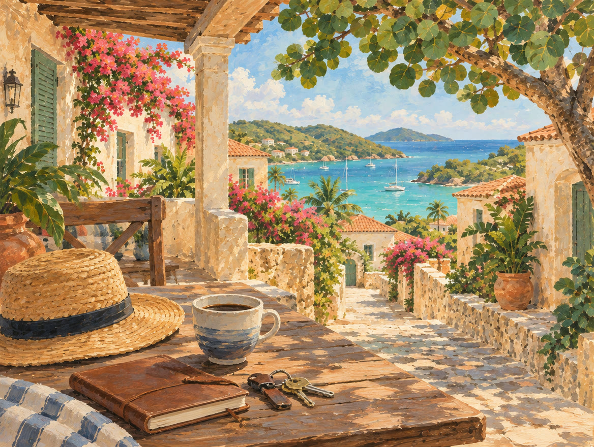 Painted deck table with keys, a notebook, a sun hat and a coffee cup