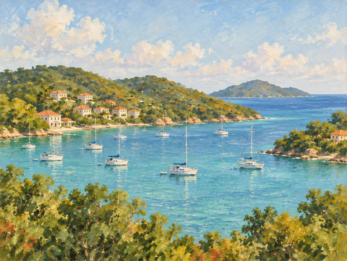 Painted wide sheltered bay with moored sailboats and a few low buildings