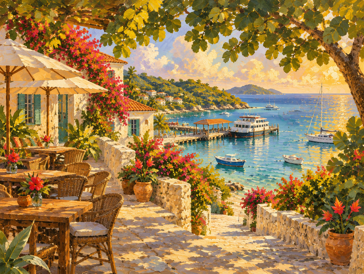 Painted small harbor town with a ferry dock, cafés and boats in the bay