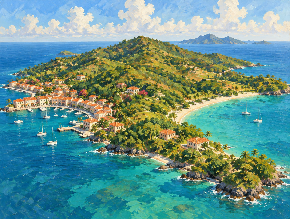 Painted aerial view of a green island with a harbor town and a quiet bay