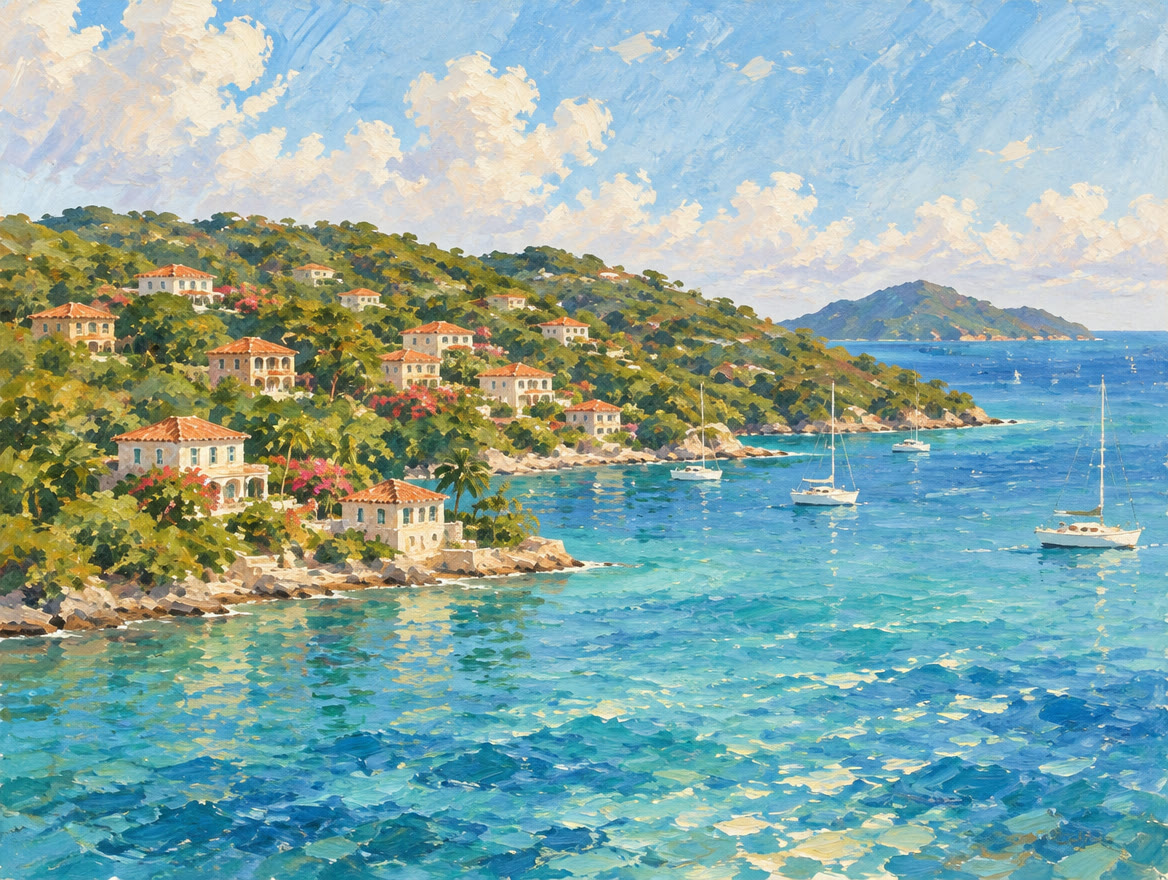 Painted hillside villas with decks and red roofs above a blue bay
