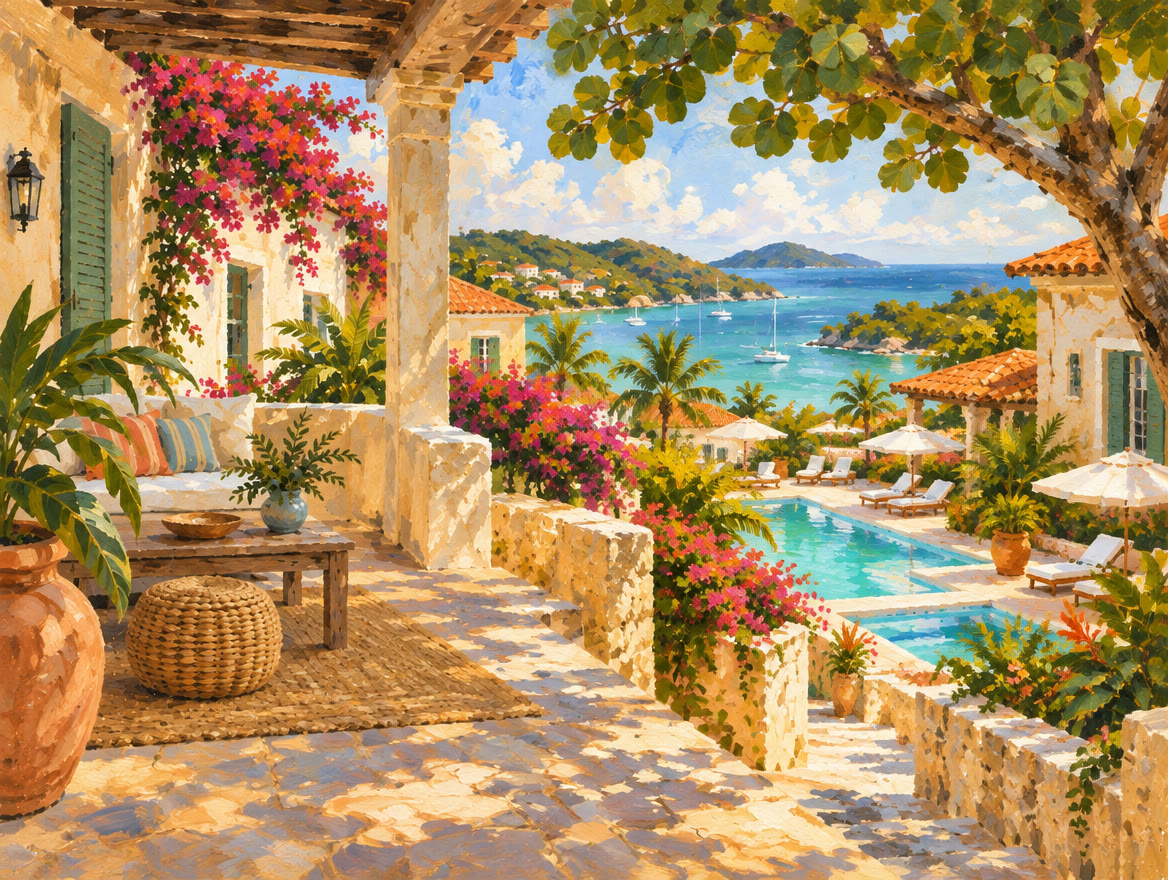 Painted resort pool terrace beside a private villa deck across a garden wall