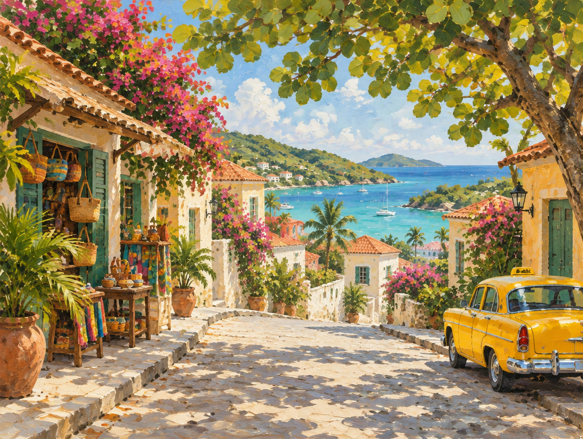 Painted walkable town street with shade trees, small shops and a waiting taxi