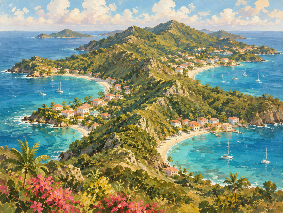 Painted aerial view of a green island whose ridges separate three coastal bays