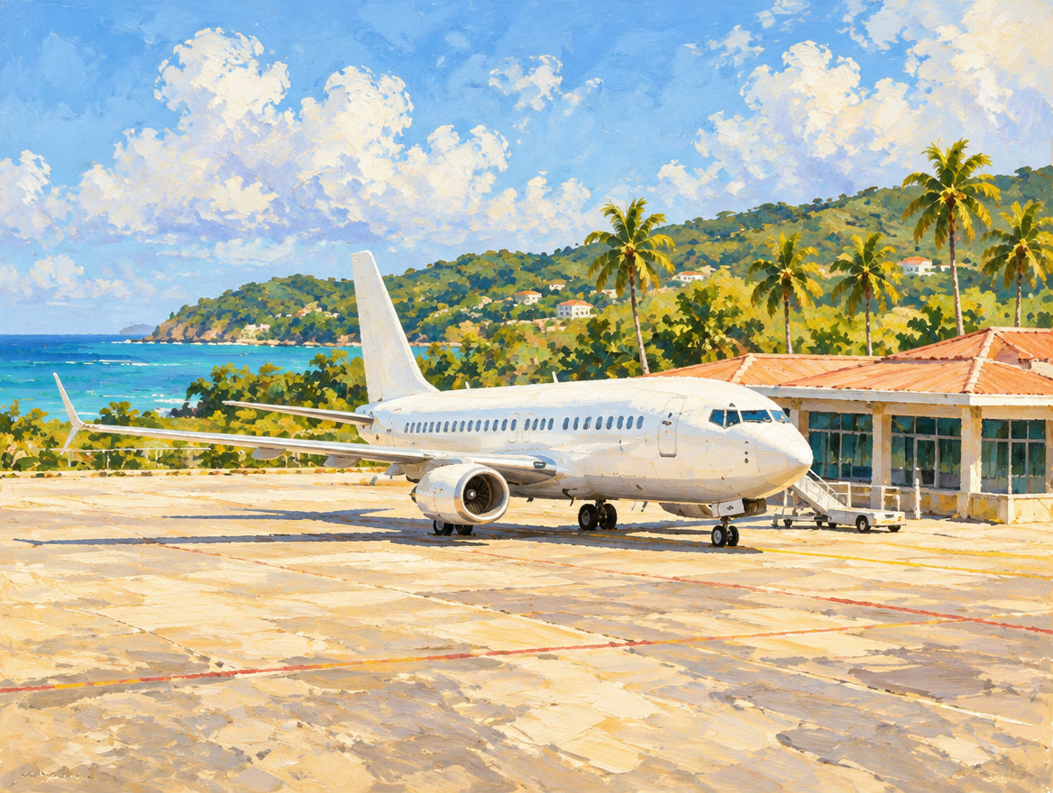 Painted island airport apron with a parked airliner and green hills beyond
