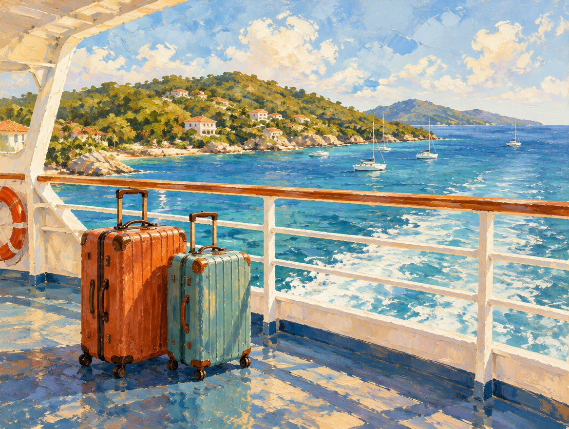 Painted two suitcases on the open deck of a ferry with a coastline behind