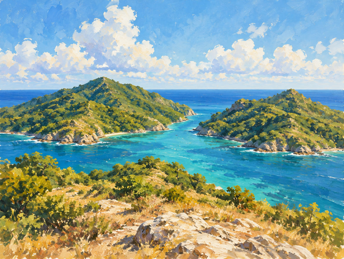 Painted two green islands seen from a high ridge with a channel between