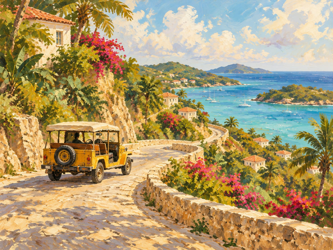 Painted steep winding road climbing a green ridge with an open-sided taxi