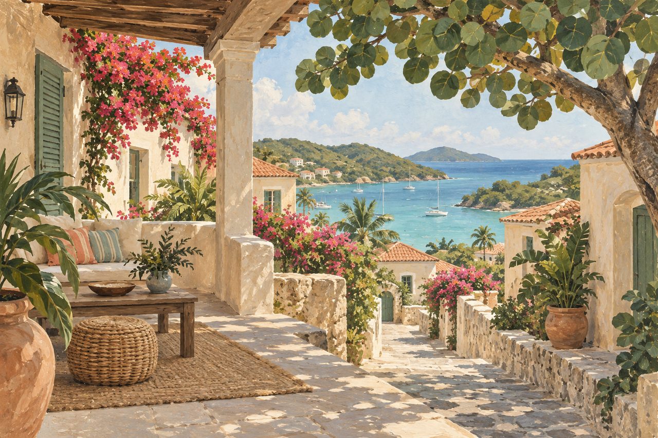 Painted shaded veranda overlooking an imaginary bay; conceptual illustration