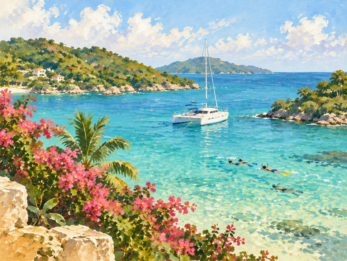 Painted catamaran anchored over turquoise shallows with snorkelers nearby