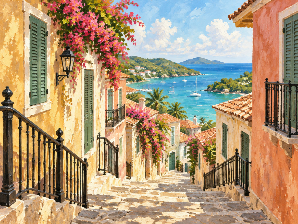 Painted stone staircase climbing between pastel colonial walls above a harbor
