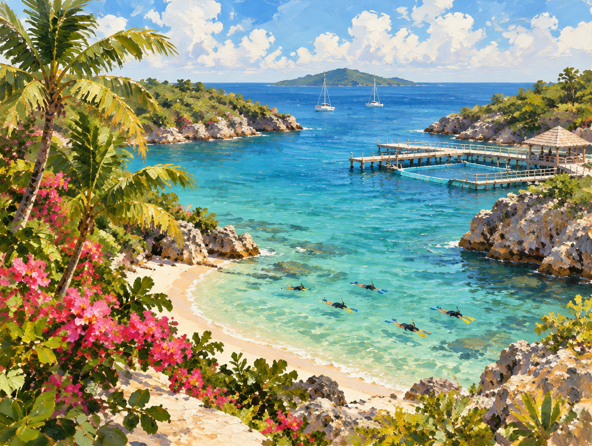 Painted small cove between rocky headlands with snorkelers and a pier