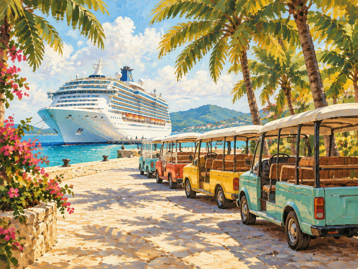 Painted cruise ship at a pier with open-sided taxi vans waiting under palms