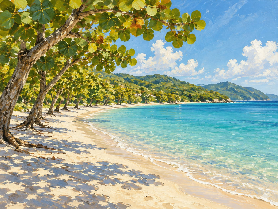 Painted crescent beach with calm water and a line of sea grape trees