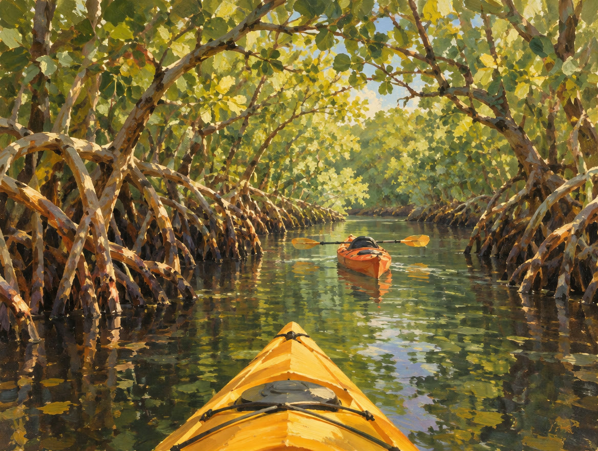 Painted kayaks gliding through a narrow mangrove channel between arching roots