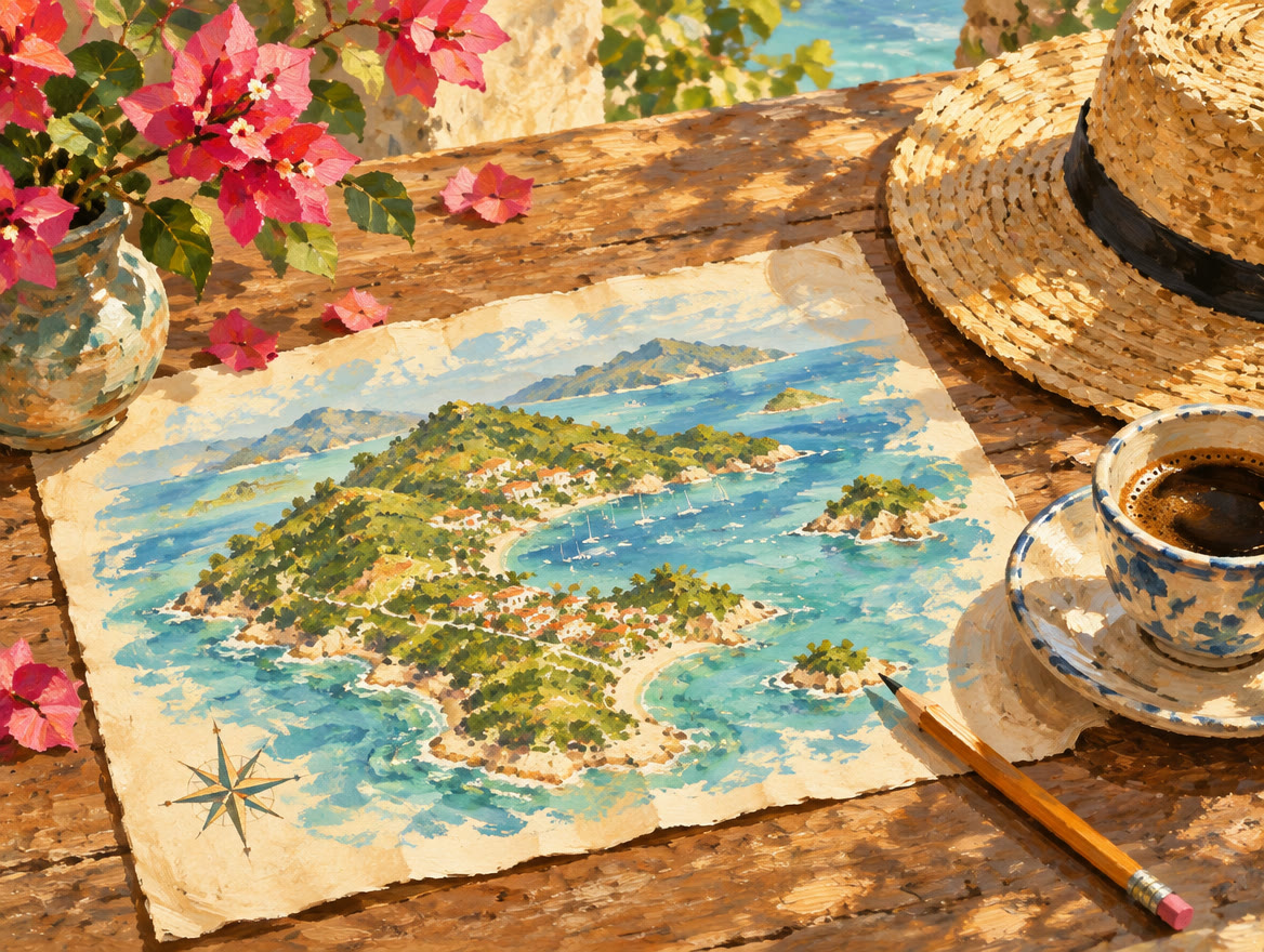 Painted table with a hand-drawn island map, a pencil and a coffee cup