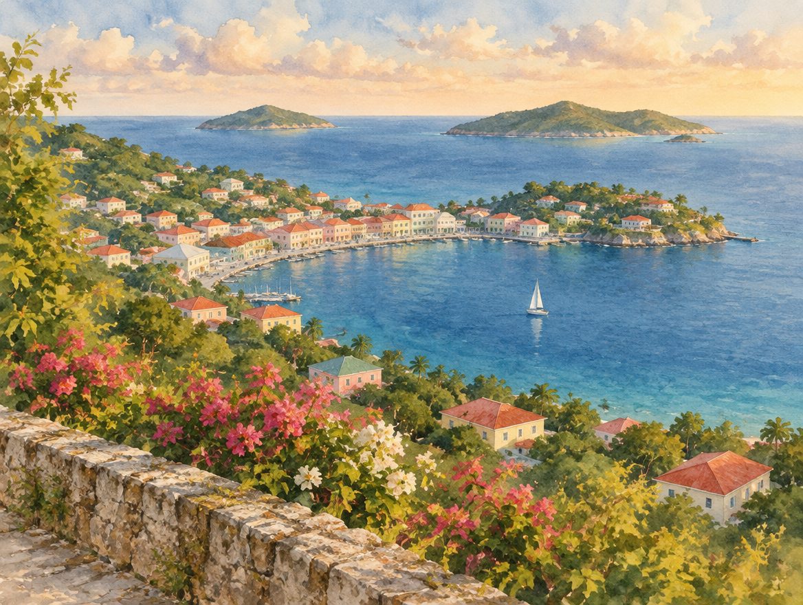 Painted view from a hillside lookout over a pastel harbour town, with green islands on the horizon