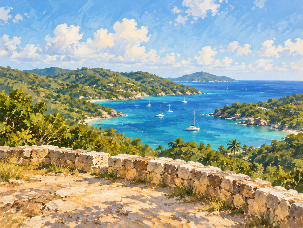 Painted hilltop overlook with a stone wall above a deep bay and green ridges