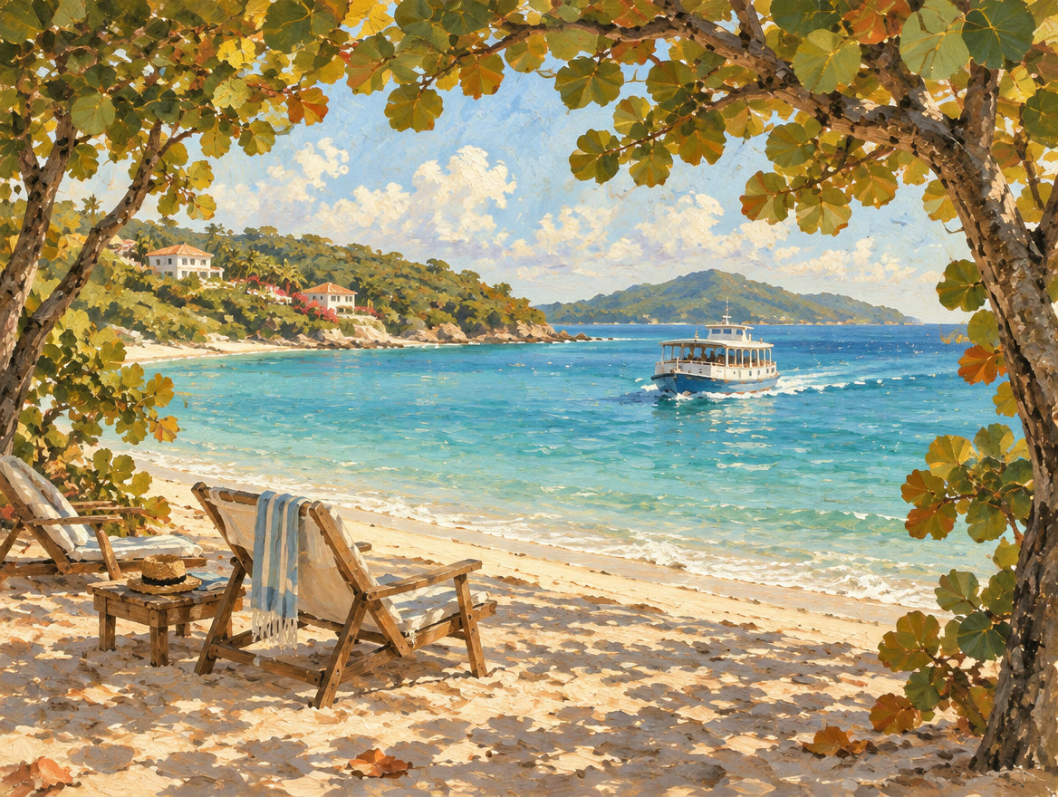 Painted small passenger ferry approaching a nearly empty beach with a few chairs