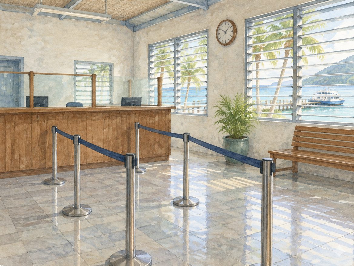 Painted quiet immigration hall at a small island ferry terminal with a counter and a queue lane
