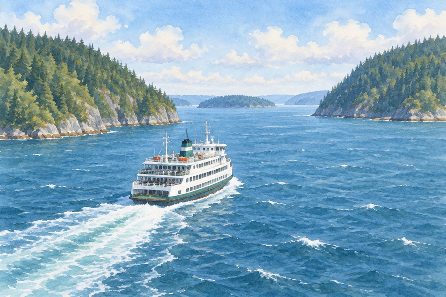 Painted passenger ferry under way on an open channel crossing between two large green islands
