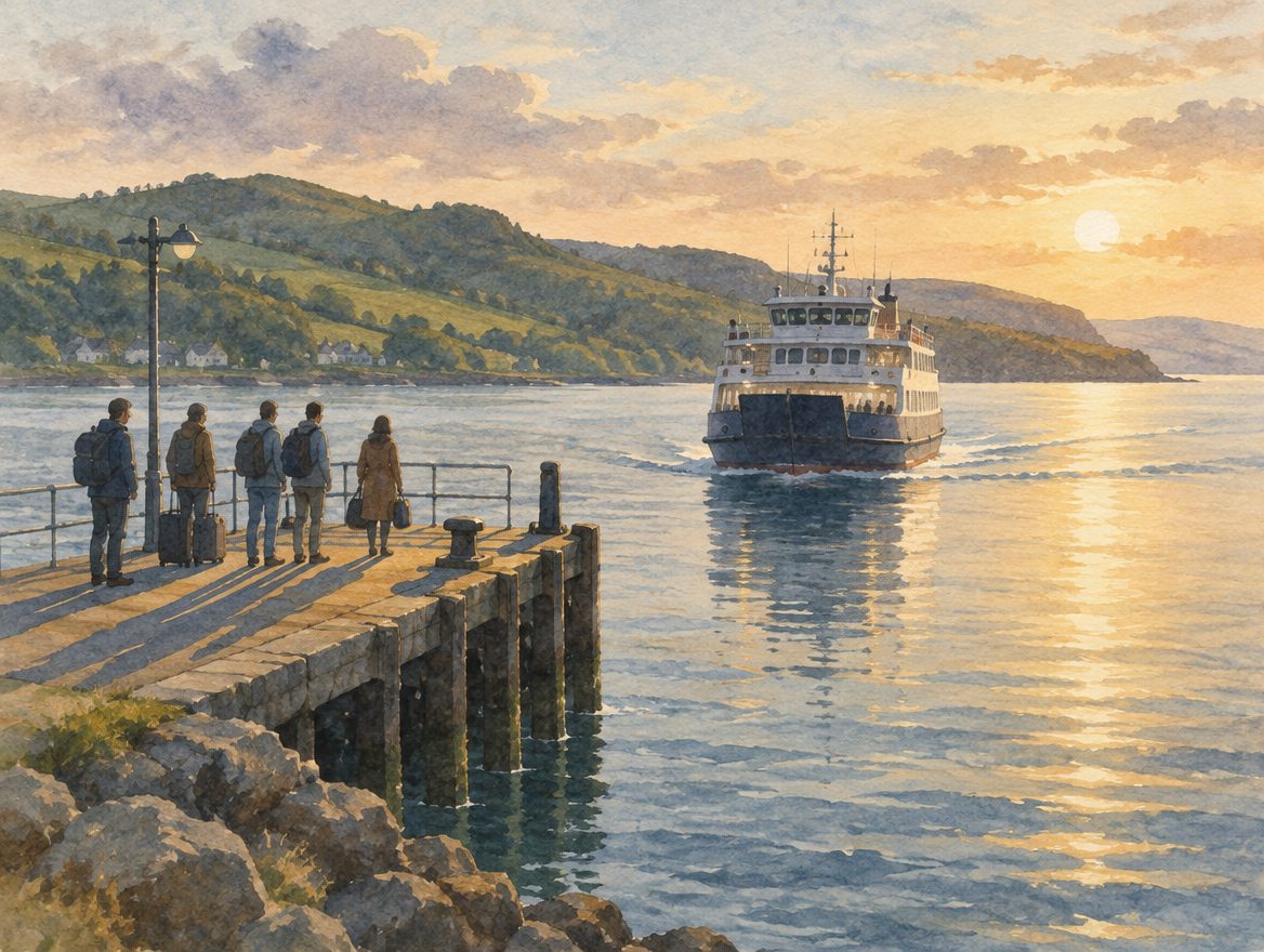 Painted ferry approaching a dock late in the day with passengers waiting on the jetty