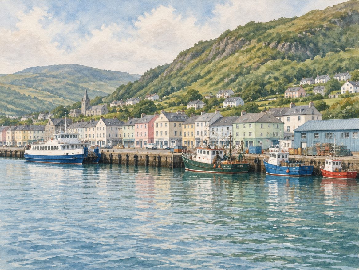 Painted working island harbour town with a long jetty, low pastel buildings and ferries alongside