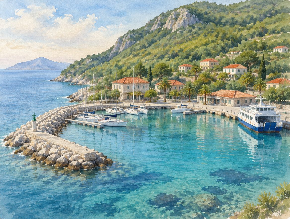 Painted small sheltered marina at an island's western end with a breakwater and a ferry berth