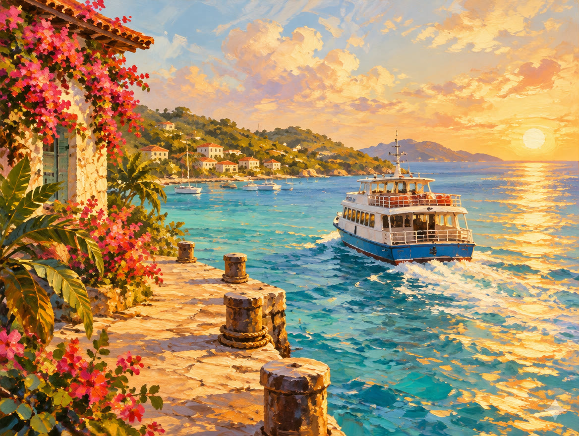 Painted passenger ferry pulling away from a small dock in low evening sun